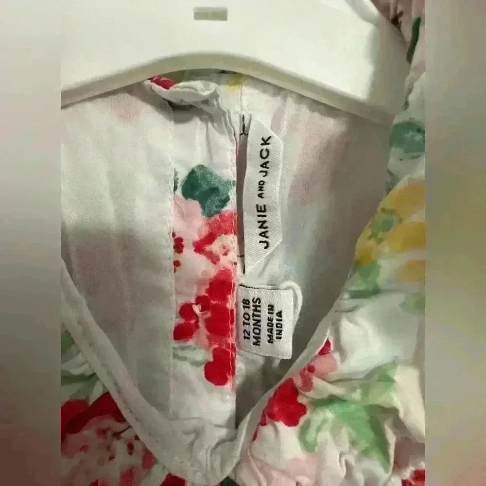 Janie and Jack Toddler Girls Dress Floral Print Ruffle Bow White Pink 12-18m